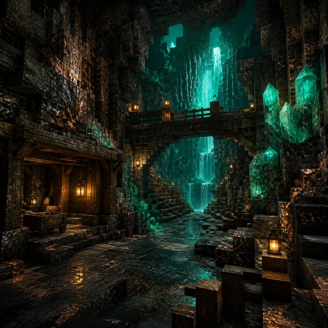 Dark stone cavern with turquoise crystals and underground waterfall