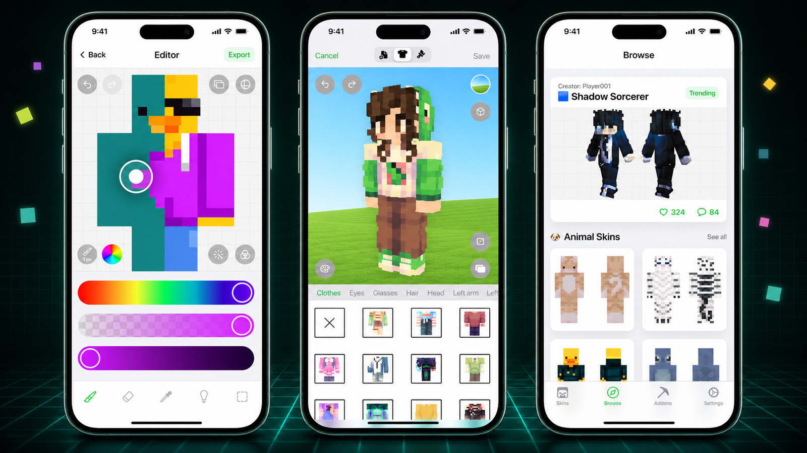 Skin Maker: editing a skin, previewing it in 3D and browsing the library